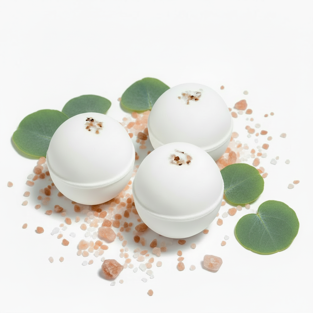 Three eucalyptus-scented bath bombs with eucalyptus leaves on a white surface.