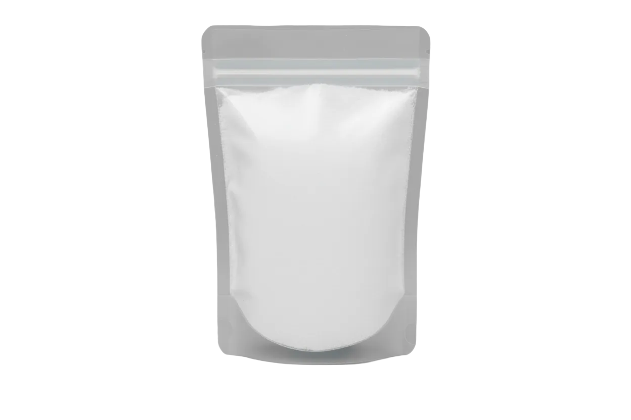 Clear stand-up pouch with a white interior on a white background