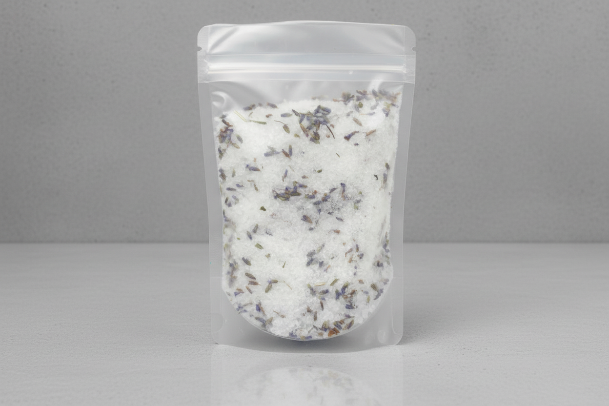 Clear plastic bag with bath salts on a gray background