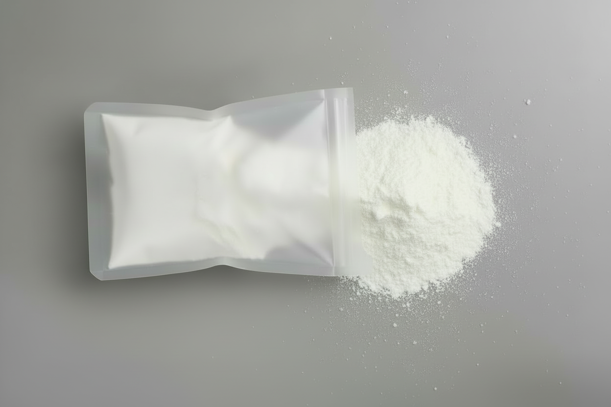 White powder spilling out of a rectangular container on a gray surface
