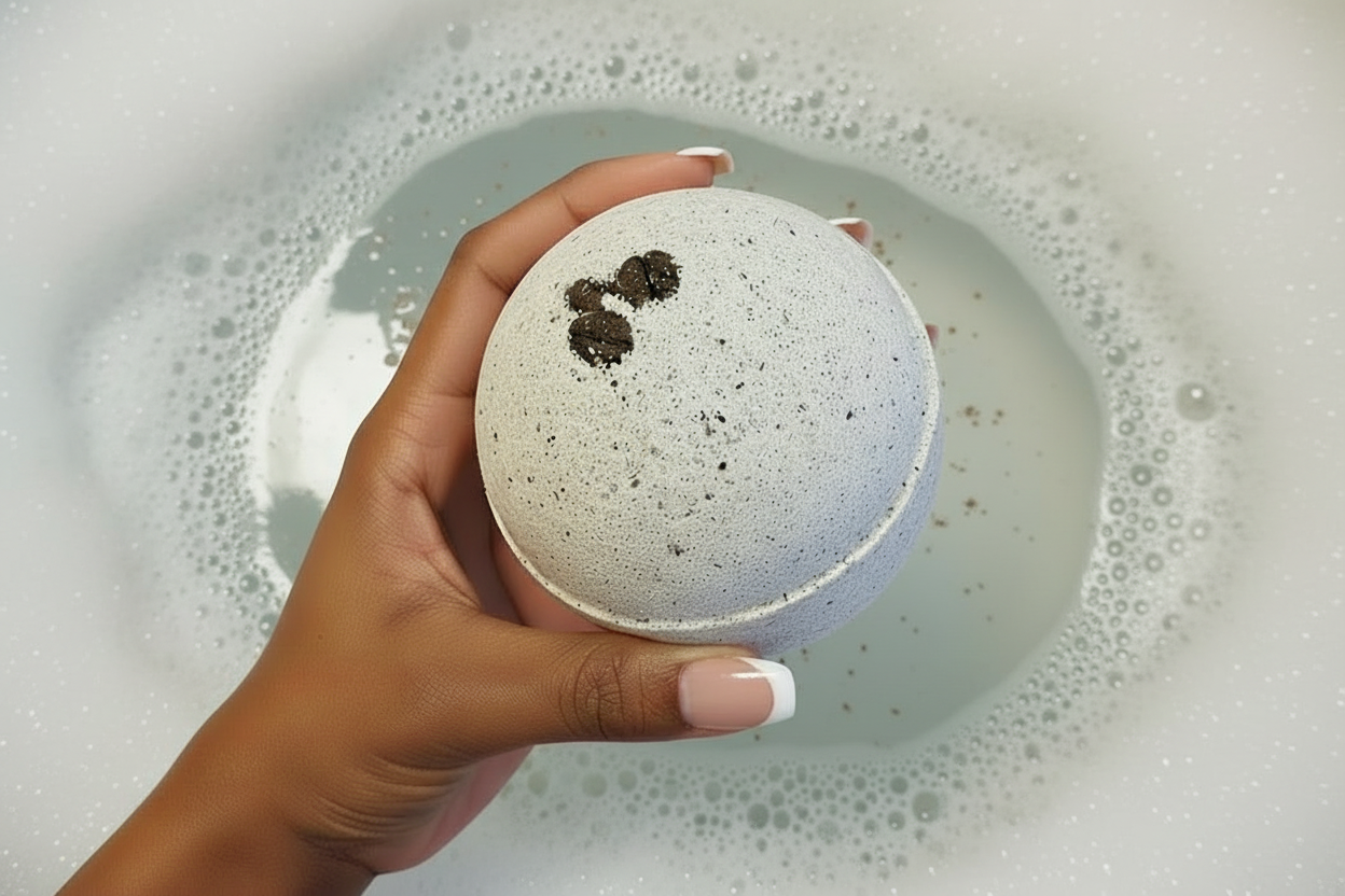 Hand holding a textured bath bomb over a bathtub filled with bubbles