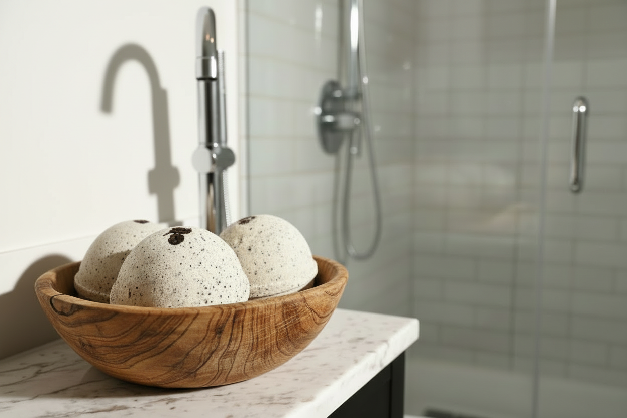 Wooden bowl with bath bombs on a bathroom counter