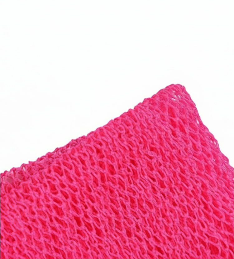 Product detail of a pink knitted nylon fabric on a screen.