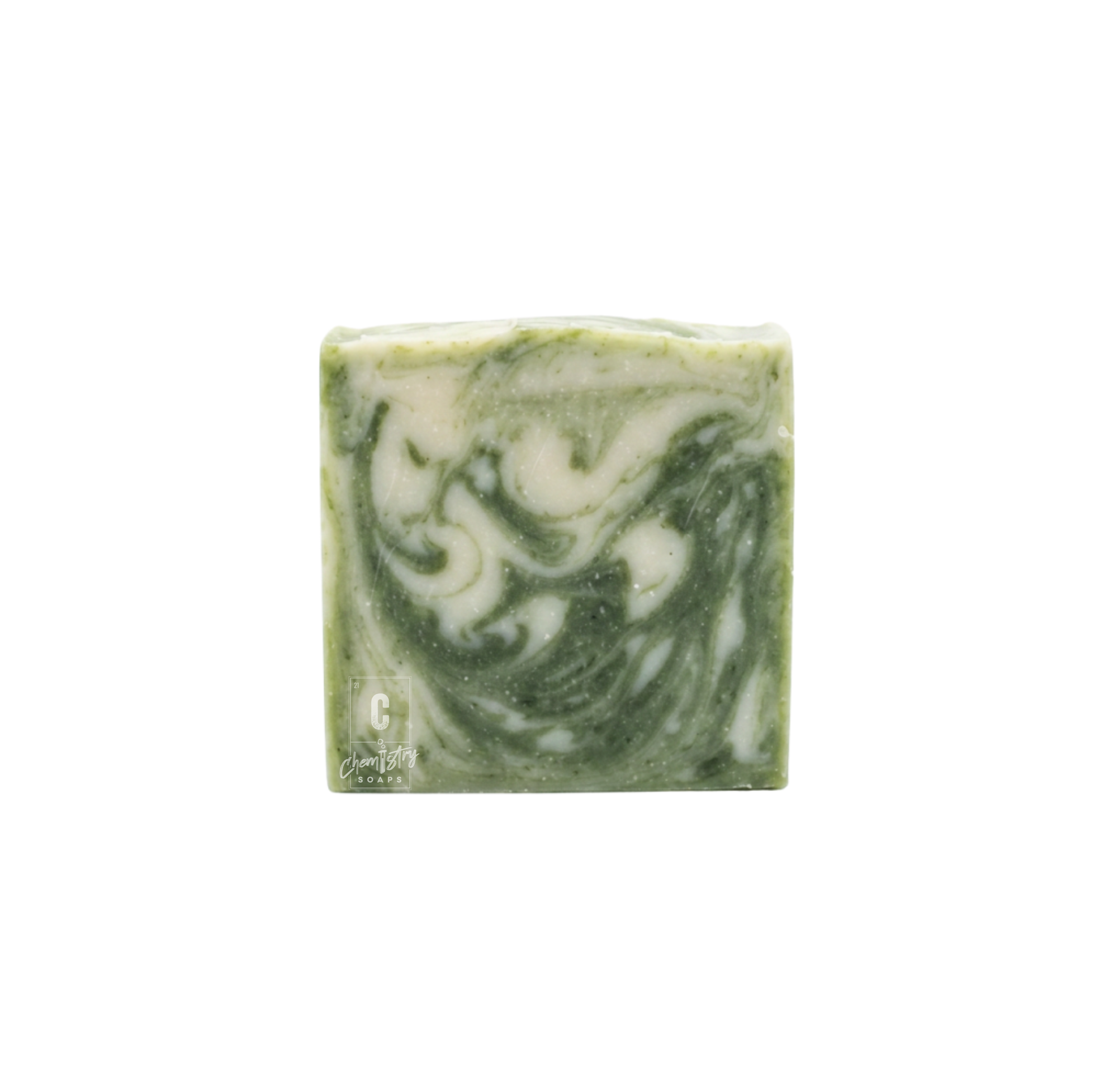 Green and white swirled soap bar on a white background