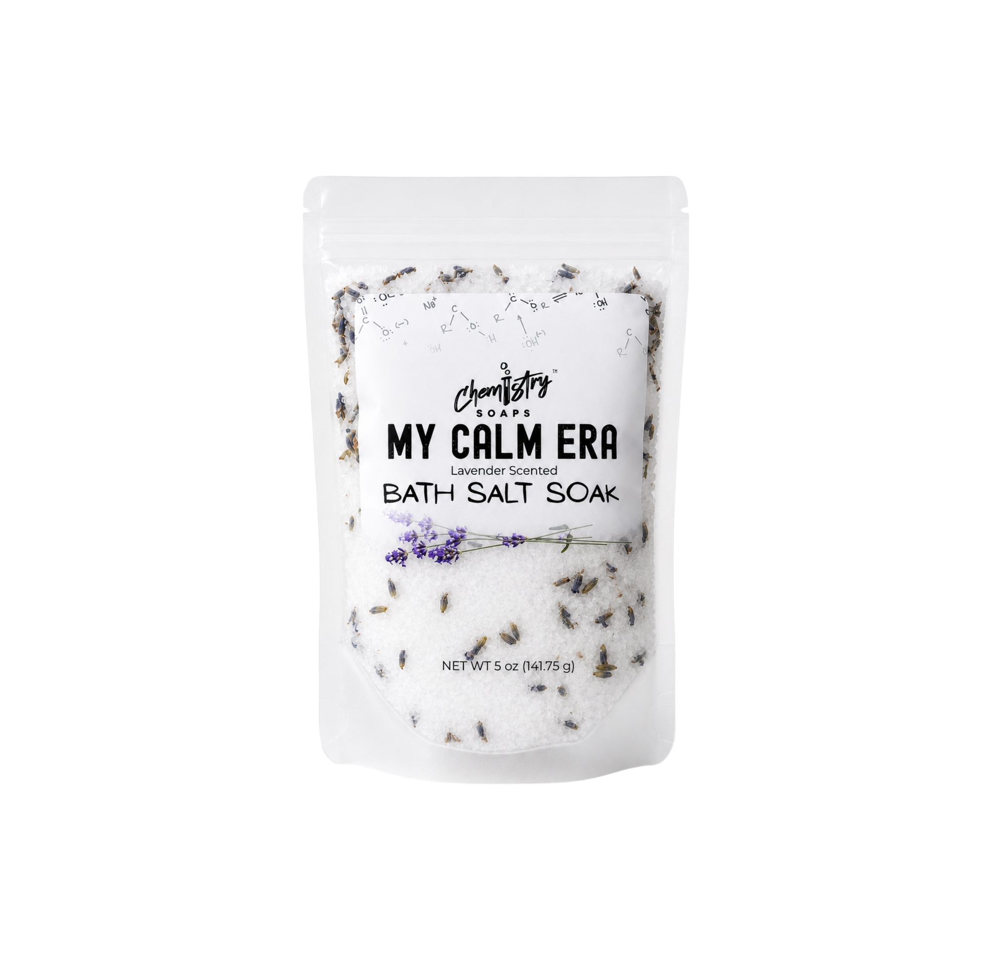 Bath salt soak packaging with lavender scent on a white background