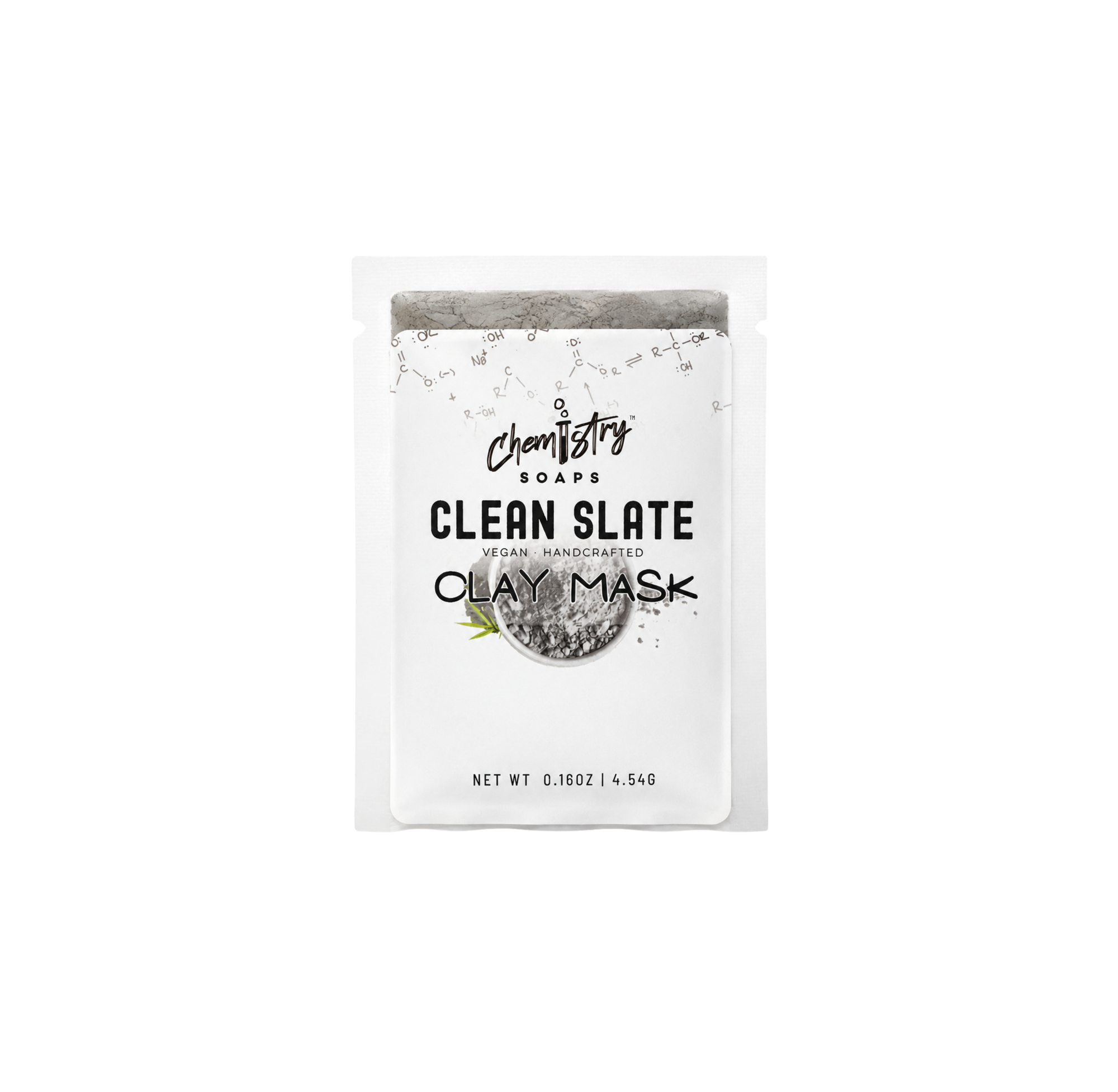 Clay mask packaging labeled 'Clean Slate' by Chemistry Soaps on a white background