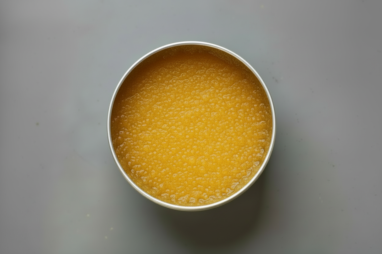 Metal cake pan with Turmeric lip scrub in a tin on a gray background
