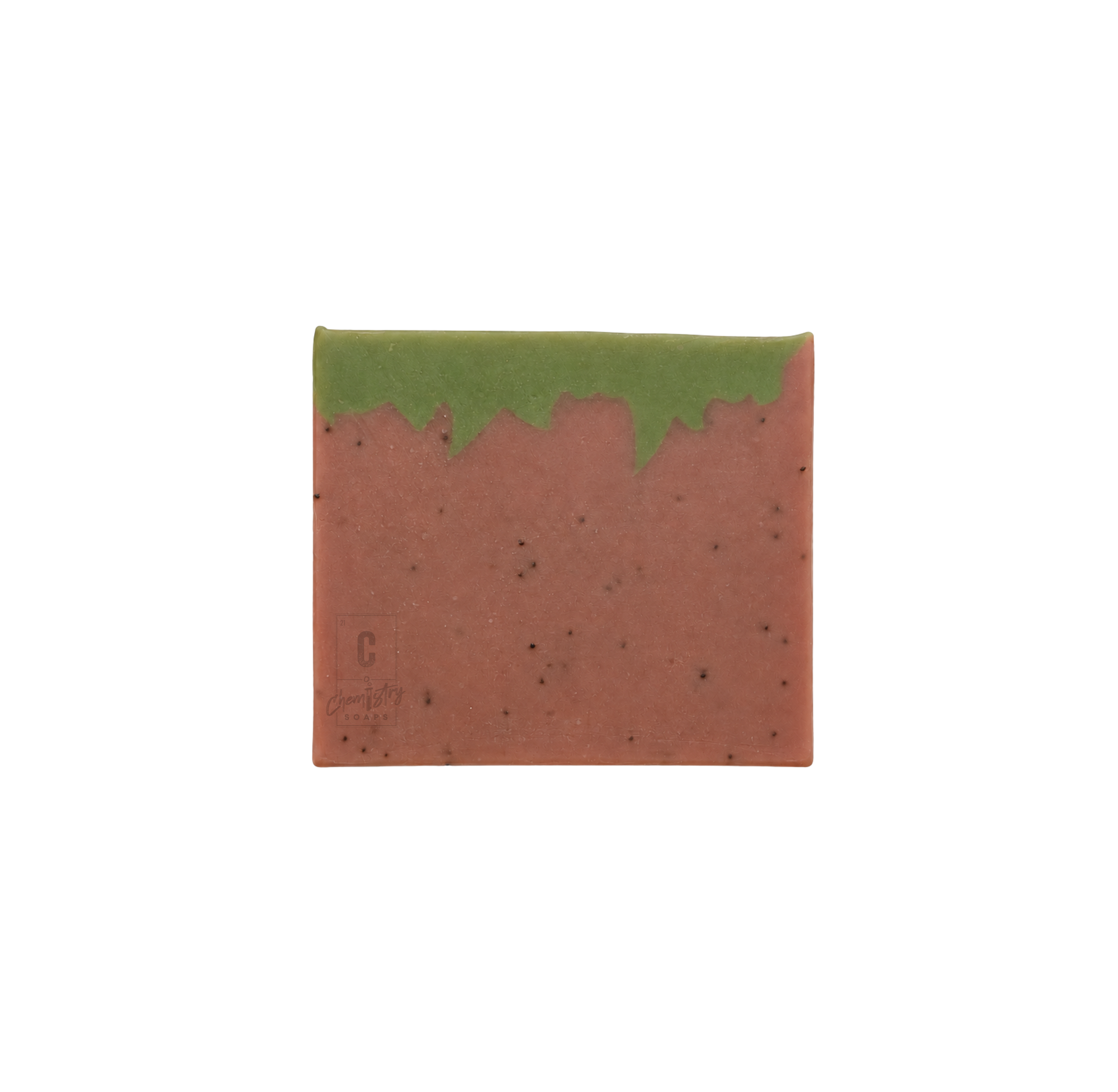 Rectangular soap bar with green top and brown bottom on a white background