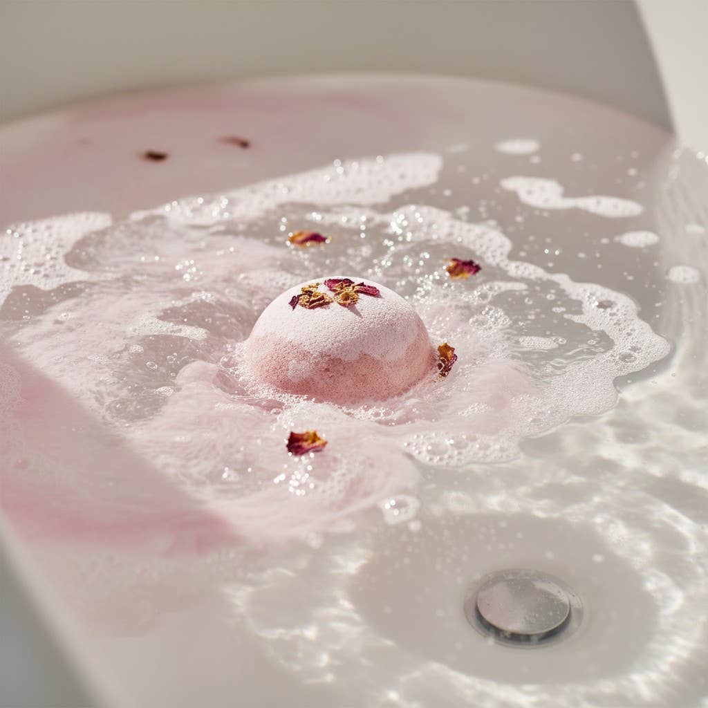 Pink bath bomb with rose petals in a bathtub filled with bubbles