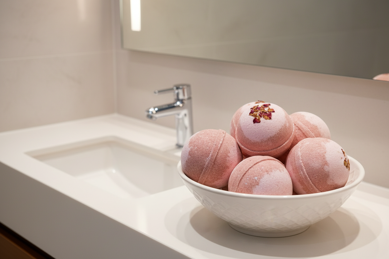 Rose pink bath bomb in a white bowl on a bathroom counter.