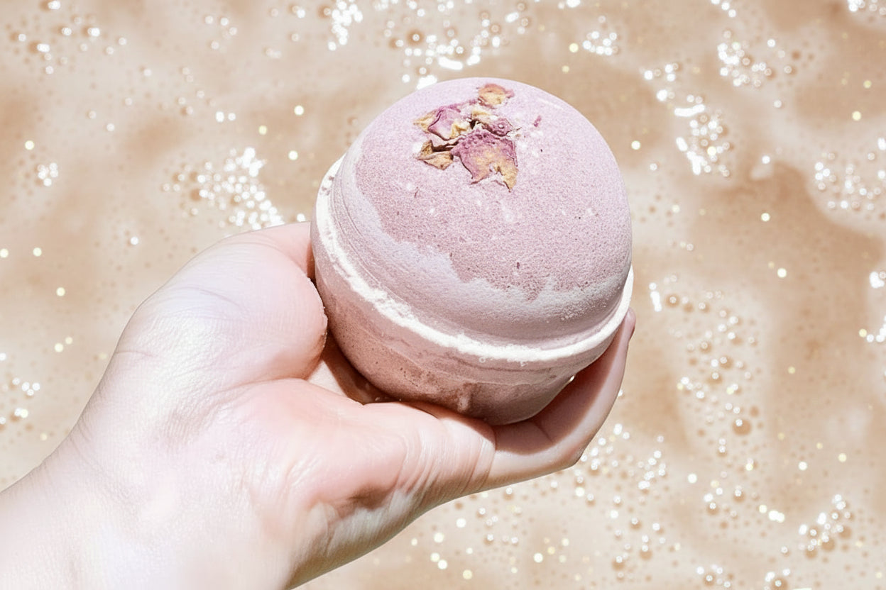 Pink bath bomb held over a pink bath with bubbles