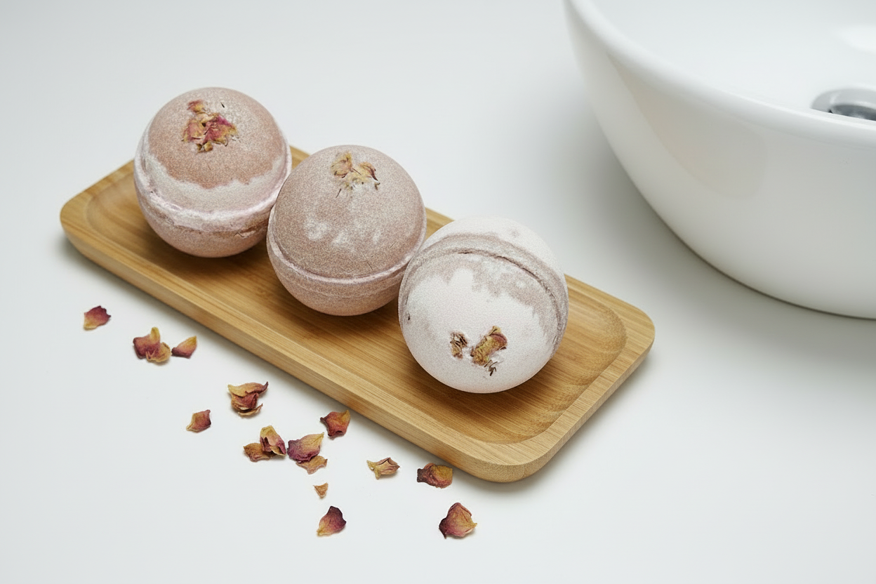 Three bath bombs on a wooden board with dried rose petals, next to a white bowl.