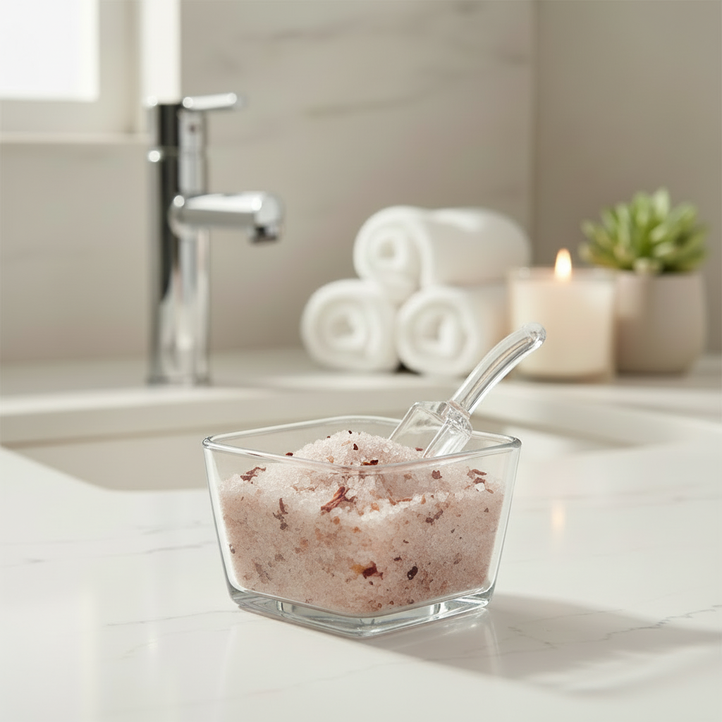 Glass container of soft girl bath salts on a bathroom counter with towels and a candle in the background.