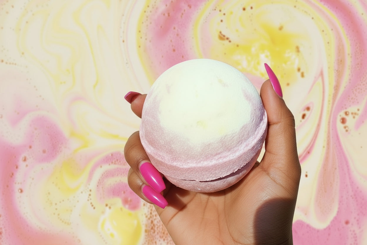 Bath bomb held in a hand with labels indicating ingredients on a colorful background