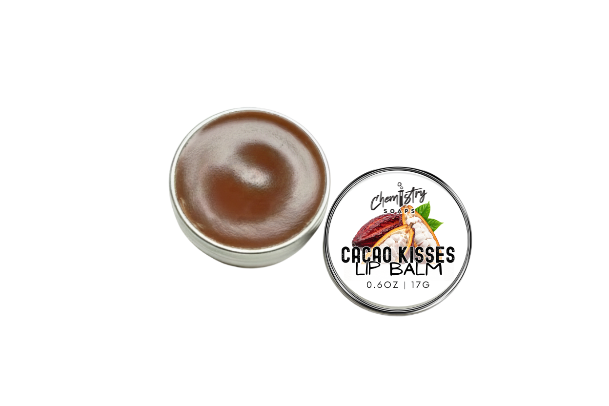 Cocoa kisses lip balm with a visible brand - chemistry soaps logo on a white background