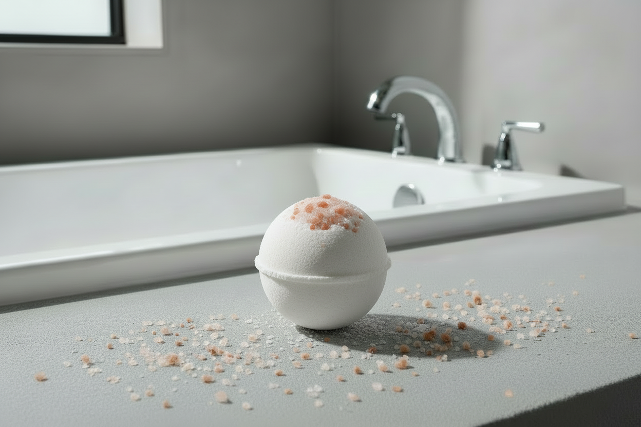   on a white surface with a bathtub in the background