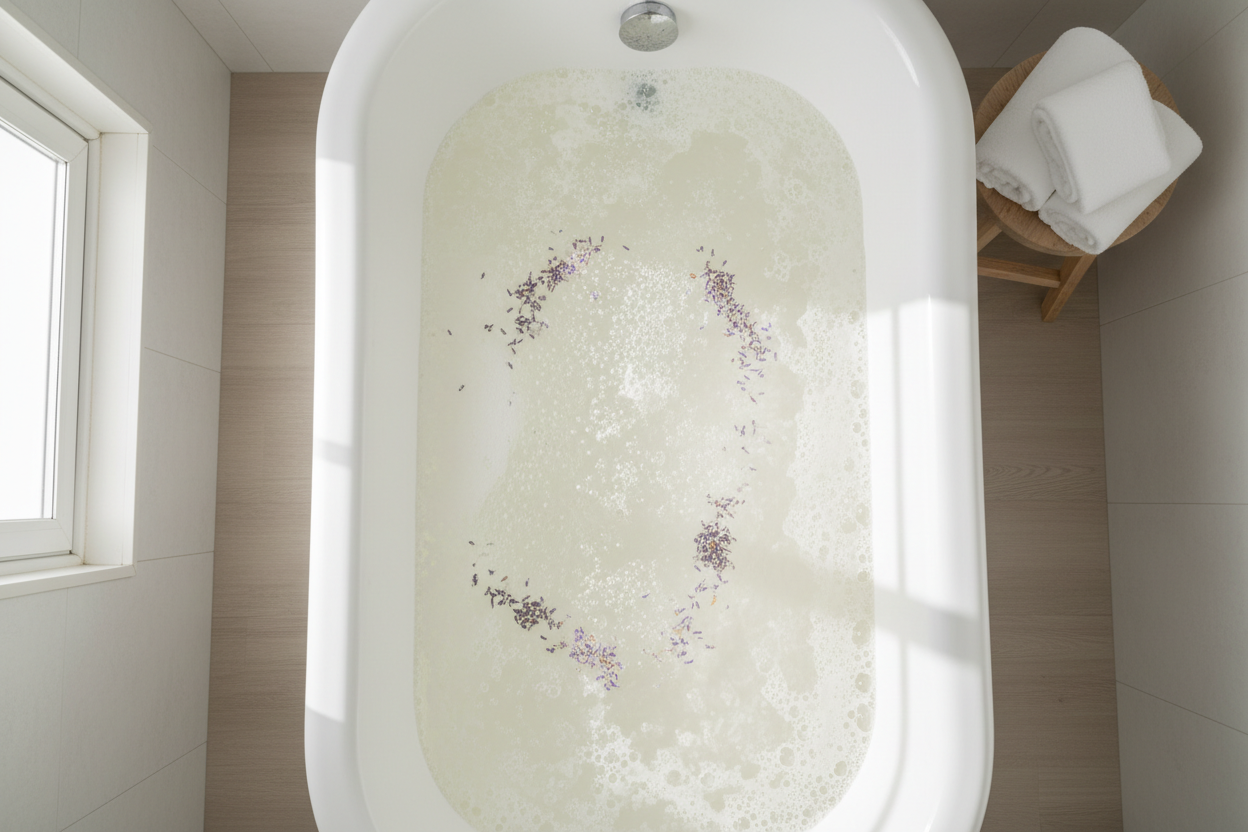 the tub water should be a little fizzy the lavender should be petals only and slightly opaque 